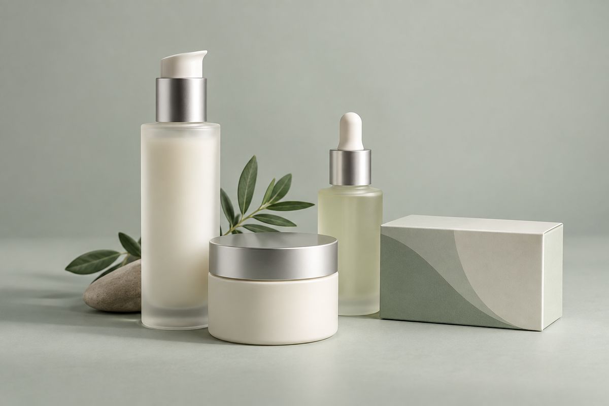 Illustrative scene: unbranded cosmetic bottles and a jar beside a plain folding carton