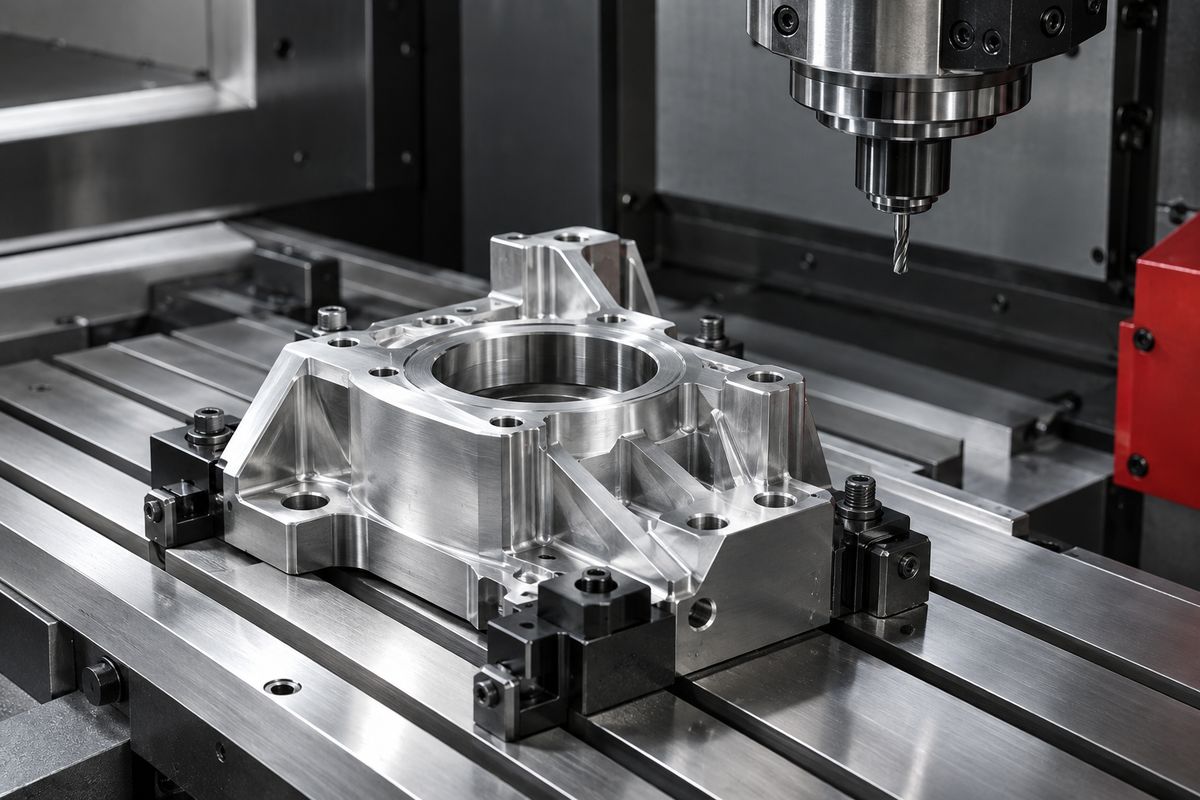 Illustrative scene: a machined metal part on a CNC machine bed