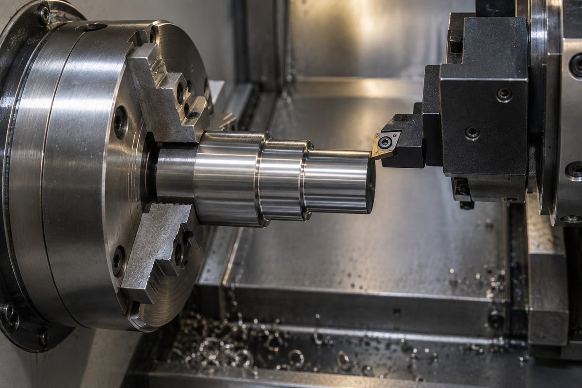 CNC turning tool beside a cylindrical metal workpiece