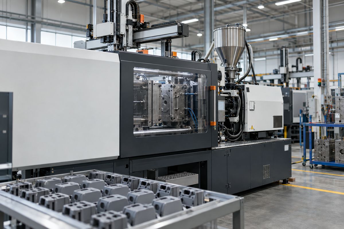 Illustrative scene: an injection molding machine, a mold and molded plastic parts