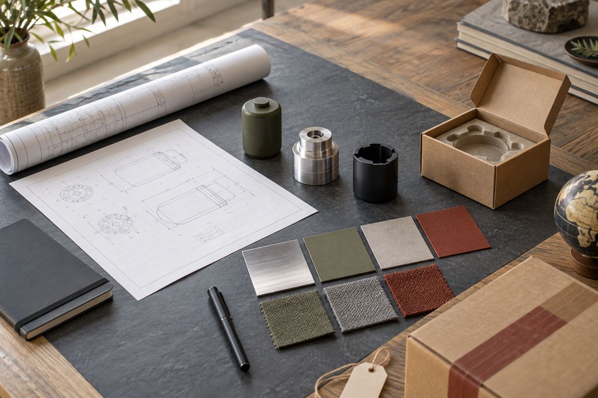 Illustrative scene: a technical drawing, machined samples, material swatches and a carton on a workbench