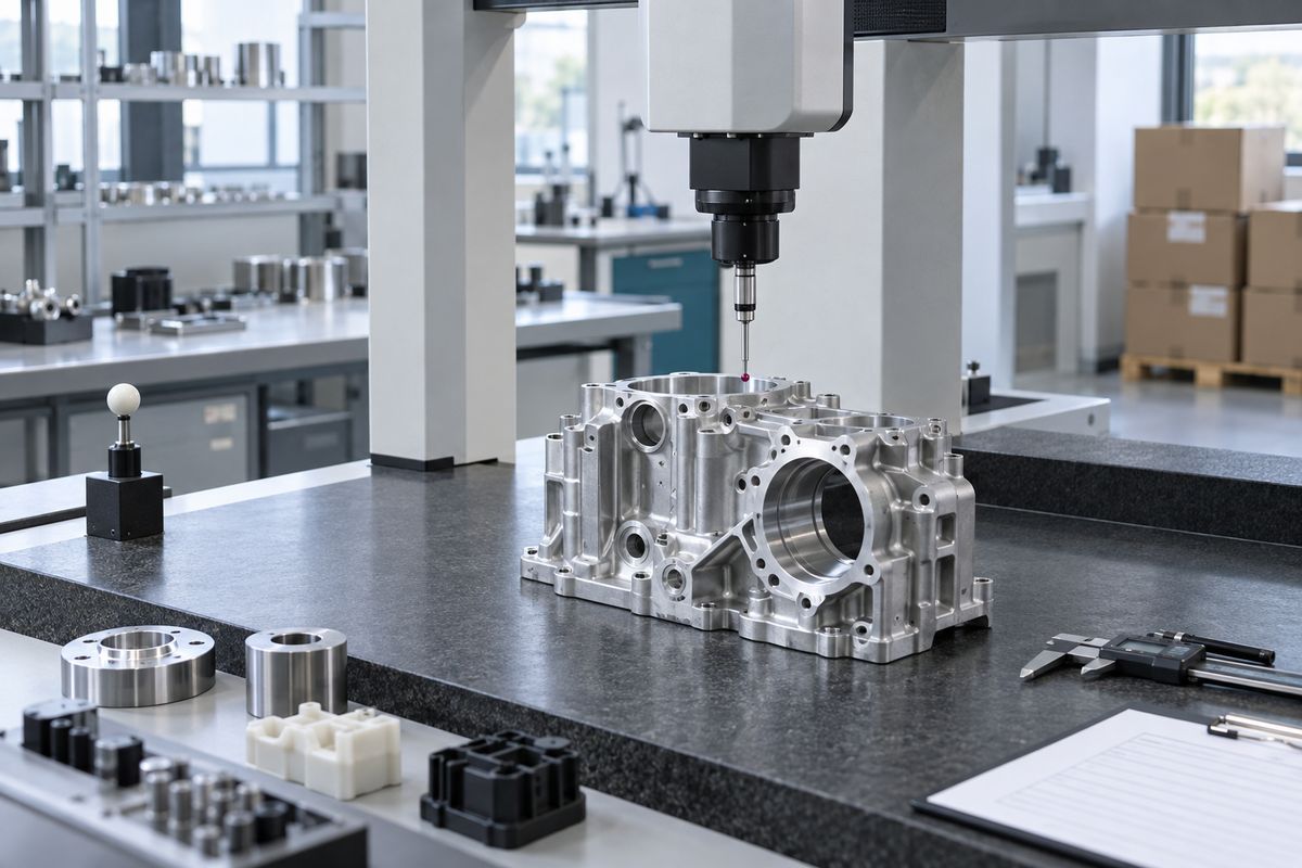 Illustrative scene: a machined part being measured on an inspection bench
